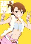  1girl bare_shoulders belt belt_buckle blue_tube_top blush breasts brown_eyes brown_hair buckle character_name choker dot_nose double_v fur-trimmed_jacket fur_trim futami_ami grin hair_ornament hands_up heart heart_choker idolmaster idolmaster_(classic) idolmaster_million_live! idolmaster_million_live!_theater_days jacket kidachi looking_at_viewer midriff navel open_clothes open_jacket pink_diamond_765_(idolmaster) pink_jacket pink_shorts short_hair shorts side_ponytail simple_background small_breasts smile solo strapless suspender_shorts suspenders tube_top v white_belt white_choker white_wristband yellow_background zipper zipper_pull_tab 