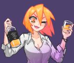  1girl alcohol blush breasts cleavage collarbone collared_shirt fang hcnone large_breasts long_sleeves looking_at_viewer office_lady one_eye_closed open_mouth orange_hair original pixel_art purple_background shirt short_hair simple_background smile solo upper_body whiskey whiskey_(hcnone) white_shirt 