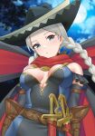  1girl absurdres ahoge alternate_costume bare_shoulders blue_eyes braid breasts cleavage closed_mouth cloud cloudy_sky commission commissioner_upload facing_viewer fire_emblem fire_emblem_fates full_moon grey_hair hat highres igni_tion knife long_hair looking_at_viewer low_twin_braids medium_breasts moon night night_sky nina_(fire_emblem) official_alternate_costume outdoors parted_bangs sky solo tricorne twin_braids upper_body 