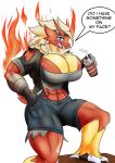  2023 abs absurd_res anthro avian beverage big_breasts bird blaziken blue_eyes bodily_fluids breast_squish breasts claire_(itsjustn) clothed clothing english_text fan_character female fire generation_3_pokemon hair hi_res huge_breasts jacket looking_at_viewer muscular muscular_anthro muscular_female nintendo open_clothing open_jacket open_mouth open_topwear pecs pokemon pokemon_(species) red_body shieradevil solo squish sweat text thick_thighs topwear 