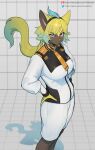  anthro blue_eyes clothed clothing felid female fur generation_7_pokemon gundam hand_on_hip hi_res kambo legendary_pokemon mammal mobile_suit_gundam_the_witch_from_mercury nintendo pokemon pokemon_(species) solo text uniform url yellow_body yellow_fur zeraora 