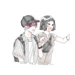  1boy 1girl absurdres artist_name backpack bag baseball_cap black_bag black_eyes black_hair bob_cut brown_shirt collared_shirt commentary_request cool_doji_danshi dated hat highres holding holding_phone nata_kokone open_mouth phone red_eyes red_hair shiki_souma shirt short_hair short_sleeves shoulder_bag simple_background upper_body watch white_background white_shirt wristwatch 