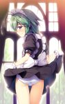  1girl alternate_costume antennae apron ass black_dress blue_eyes bow cameltoe chima_q clothes_lift commentary_request dress enmaided from_behind frown gloves green_hair highres indoors lifted_by_self looking_back maid maid_apron maid_headdress panties short_hair skirt skirt_lift solo tears thighs touhou tree underwear white_apron white_bow white_gloves white_panties window wriggle_nightbug 