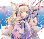  1girl animal animal_ears arknights blue_background bushiguantouderuguo941 cherry_blossoms cowboy_shot flower fox_ears fox_girl fox_tail green_eyes hair_down hair_ribbon hairband highres holding holding_animal japanese_clothes kimono kitsune lily_of_the_valley long_hair looking_at_viewer multiple_tails pink_kimono red_hairband red_ribbon ribbon simple_background smile solo suzuran_(arknights) tail wide_sleeves 