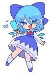  1girl blue_bow blue_dress blue_eyes blue_footwear blue_hair blush bow cirno collared_shirt detached_wings dress fairy fang food full_body hair_between_eyes hair_bow heart highres holding holding_food ice ice_wings long_sleeves op_na_yarou open_mouth popsicle shirt shoes short_hair simple_background socks solo touhou white_background white_shirt white_socks wings 