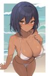  1girl absurdres beach bikini black_hair blush border breasts brll brown_eyes cleavage closed_mouth dark-skinned_female dark_skin highres large_breasts leaning_forward navel original short_hair smile solo stomach swimsuit thigh_gap thighs water wet white_bikini white_border 