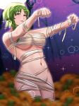  1girl bandages bandana blurry braid breasts closed_mouth commission fire_emblem fire_emblem:_the_blazing_blade green_eyes green_hair groin halloween halloween_costume highres large_breasts long_hair looking_at_viewer mummy_costume naked_bandage navel pumpkin purple_background rebecca_(fire_emblem) rinku_bny smile solo twin_braids 