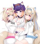  3girls :3 absurdres animal_ear_fluff animal_ears belt belt_collar black_collar blonde_hair blue_belt blue_hair blush breasts collar cropped_shirt dog_ears dog_girl dog_tail dress fuwawa_abyssgard goldfishy hair_ornament headphones headphones_around_neck highres hololive hololive_english hug large_breasts long_hair looking_at_viewer medium_hair midriff mococo_abyssgard multicolored_hair multiple_girls navel ninomae_ina&#039;nis pink_belt pink_hair purple_belt purple_eyes purple_hair short_shorts shorts siblings sisters small_breasts smile streaked_hair tail tentacle_hair twins virtual_youtuber white_dress white_shorts x_hair_ornament 