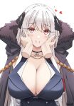  1boy 1girl :i armband black_cape black_ribbon blue_vest blush breasts cape cleavage closed_mouth commentary_request disembodied_limb fur-trimmed_cape fur_trim girls&#039;_frontline grey_hair hair_between_eyes hair_ribbon hands_on_another&#039;s_face heart highres kar98k_(girls&#039;_frontline) keenh large_breasts long_hair looking_at_viewer red_eyes ribbon shirt signature simple_background solo_focus upper_body vest white_background white_shirt 