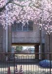  bicycle blue_sky building cherry_blossoms day drainpipe falling_petals fence ground_vehicle highres house ladder mizuasagi no_humans original outdoors petals playground power_lines reflection scenery school sky spring_(season) traffic_cone window 