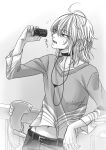  1boy accelerator_(toaru_majutsu_no_index) against_railing belt black_belt black_choker can cane canned_coffee choker collarbone cowboy_shot crutch electrodes grey_pants grey_shirt greyscale holding holding_can long_sleeves looking_at_object medium_hair midriff_peek monochrome navel official_alternate_costume open_mouth pants railing sanpaku shirt signature sketch solo sweatdrop toaru_majutsu_no_index tsubame8982 two-tone_shirt white_hair 