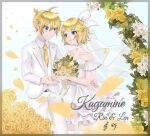  1boy 1girl ahoge bare_shoulders bass_clef blonde_hair blue_eyes bow bridal_veil character_name choker collarbone collared_shirt dress eye_contact falling_petals flower frilled_dress frills hair_bow hair_ornament hairclip highres itkedo jacket kagamine_len kagamine_rin looking_at_another necktie off-shoulder_dress off_shoulder open_mouth pants petals rose shirt short_dress short_sleeves smile suit swept_bangs thighhighs treble_clef tuxedo veil vocaloid wedding wedding_dress white_choker white_jacket white_lily white_pants white_suit white_thighhighs white_veil yellow_flower yellow_nails yellow_necktie yellow_rose zettai_ryouiki 