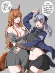  2girls absurdres animal_ears arknights asymmetrical_docking bare_shoulders black_scarf black_shirt black_skirt black_thighhighs blue_jacket blush breast_press breasts brown_hair cleavage commentary crop_top fox_ears fox_tail franka_(arknights) grey_background grey_hair grey_shirt grey_skirt groin highres horns jacket large_breasts liskarm_(arknights) long_hair long_sleeves looking_at_viewer midriff miniskirt multiple_girls navel off_shoulder open_clothes open_jacket open_mouth ponytail scarf shirt short_sleeves simple_background skirt speech_bubble stomach symmetricturd tail thighhighs thighs very_long_hair yellow_eyes 