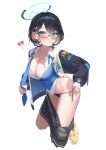  1girl absurdres black_hair black_jacket blue-framed_eyewear blue_archive blue_eyes blue_halo blue_sweater_vest blush breasts chihiro_(blue_archive) cleavage dong_ji glasses hair_ornament halo highres jacket large_breasts long_sleeves looking_at_viewer maki_(blue_archive) semi-rimless_eyewear shirt short_hair simple_background solo sweater_vest under-rim_eyewear white_background white_shirt 