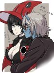  1boy 1girl black_hair black_shirt blue_horns breasts cleavage colored_skin crop_top green_eyes grey_hair guilty_gear happy_chaos hat highres horns hug i-no ito_(daisukidanchi) large_breasts mole mole_above_mouth red_headwear shirt short_hair smile upper_body witch_hat 