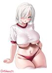  1girl blue_eyes blush breasts commentary cowboy_shot ebifurya grey_hair gym_shirt gym_uniform hair_ornament hair_over_one_eye hairclip hamakaze_(kancolle) heavy_breathing highres kantai_collection large_breasts looking_at_viewer navel open_mouth shirt short_hair short_sleeves simple_background solo stomach twitter_username underboob white_background white_shirt 