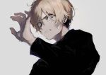  1boy absurdres black_sweater blonde_hair blue_eyes clenched_teeth crying crying_with_eyes_open grey_background hair_between_eyes highres long_sleeves looking_at_viewer male_focus original simple_background solo suechiee sweat sweater tears teeth upper_body 