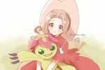  1girl 1other artist_name brown_eyes brown_hair digimon digimon_(creature) flower highres hug long_hair looking_at_viewer muffin_o3o open_mouth palmon petals plant plant_monster reptile sharp_teeth tachikawa_mimi teeth watermark 