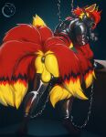  9_tails anthro balls buttplug canid canine chain chained chastity_cage chastity_device fox fur genitals hi_res looking_at_viewer male mammal multi_tail nerton plug_(sex_toy) red_body red_fur rubber_stockings rubber_topwear sex_toy simple_background solo tail yellow_eyes 