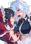  2girls ahoge aqua_hair black_hair blue_eyes blush bow braid candy chocolate detached_sleeves eye_contact face-to-face food frilled_hair_tubes frills grey_eyes hair_bow hair_tubes hakurei_reimu heart heart-shaped_chocolate highres himadera izayoi_sakuya long_hair looking_at_another maid_headdress mouth_hold multiple_girls red_bow red_ribbon ribbon ribbon-trimmed_sleeves ribbon_trim touhou twin_braids twitter_username valentine white_hair yuri 