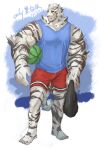  1boy animal_ears arknights bag bara blue_tank_top bulge carrying carrying_under_arm facial_hair food fruit full_body furry furry_male goatee highres large_hands looking_to_the_side male_focus mountain_(arknights) muscular muscular_male onlybwg3 pectorals red_shorts scar scar_across_eye scar_on_arm short_hair shorts solo standing tank_top thick_eyebrows tiger_boy tiger_ears watermelon white_hair 