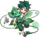  1boy bright_pupils bulbasaur closed_mouth creature creature_and_personification creature_on_shoulder fang green_hair green_pants green_shirt male_focus myo_(79500) no_nose nostrils on_shoulder pants plant pointy_ears pokemon red_eyes scarf shirt short_hair short_sleeves signature vines white_background white_footwear white_pupils white_scarf 