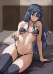  1girl alternate_breast_size arm_support bare_arms bare_shoulders bikini blue_eyes blue_hair blue_panties breasts chihunhentai collarbone fire_emblem fire_emblem_awakening highres indoors large_breasts long_hair looking_at_viewer lucina_(fire_emblem) multi-strapped_bikini multiple_straps on_bed panties parted_lips sidelocks sitting sleeveless solo strap_pull string_bikini swimsuit thigh_gap thighhighs thighs tiara underwear 