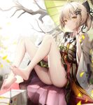  1girl absurdres ahoge arknights barefoot black_bow bow closed_mouth feet grey_hair hair_bow hair_ornament highres holding holding_umbrella japanese_clothes kimono legs lens_(arknights) no_panties nopetroto official_alternate_costume partially_visible_vulva ponytail scene_(arknights) scene_(betsushi)_(arknights) short_hair soles solo star_(symbol) star_hair_ornament toes umbrella white_kimono wide_sleeves yellow_eyes 