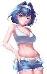  1girl absurdres blue_eyes blue_hair blue_shorts blush breasts calvin_klein cleavage closed_mouth commentary cowboy_shot cutoffs denim denim_shorts english_commentary grey_panties grey_sports_bra hair_intakes hairband highres hololive hololive_english kamome_no_yume light_frown logo_parody looking_at_viewer medium_breasts open_clothes open_shorts ouro_kronii panties short_hair shorts simple_background solo sports_bra standing sweat underwear virtual_youtuber white_background white_hairband 