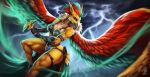  anthro armor avian beak bird breasts feathers female flying melee_weapon muscular muscular_female non-mammal_breasts solo storm sword thick_thighs unconvincing_armor verakultura weapon wings 