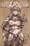  1girl armor artist_name breasts demon_girl demon_horns demon_tail greyscale hair_between_eyes hand_on_own_hip highres holding holding_sword holding_weapon horns iahfy medium_breasts monochrome navel original patreon_username pointy_ears ponytail solo stats sword synth_(iahfy) tail tongue tongue_out twitter_username watermark weapon 