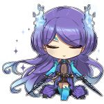  1girl bare_shoulders blue_fire blue_hair blue_thighhighs brighid_(xenoblade) chibi closed_eyes closed_mouth commentary_request dress dual_wielding facing_viewer fiery_hair fire full_body gradient_hair holding holding_sword holding_weapon lowres multicolored_hair purple_dress purple_hair simple_background solo sparkle standing swept_bangs sword thighhighs weapon white_background xenoblade_chronicles_(series) xenoblade_chronicles_2 zer00han 