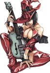  1girl absurdres bare_shoulders black_choker black_gloves black_hair boots breasts choker cleavage collarbone detached_sleeves dong_hole electric_guitar fingerless_gloves gloves guilty_gear guitar hair_between_eyes hat heterochromia highres holding holding_instrument i-no instrument large_breasts mole mole_above_mouth mole_under_eye o-ring o-ring_top red_thighhighs short_hair simple_background sitting solo thigh_boots thighhighs white_background witch witch_hat 