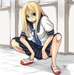  1girl blonde_hair blue_neckerchief dated full_body hadashi_no_kenji hair_between_eyes indoors looking_at_viewer neckerchief original red_eyes school_uniform shirt shoes short_sleeves solo squatting uwabaki white_footwear white_shirt 