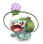  bright_pupils bulbasaur claws creature fangs flower highres holding holding_flower hydrangea leaf nostrils open_mouth plant pokemon pokemon_(creature) purple_flower red_eyes simple_background solo vines white_background white_pupils yon_(4km_105) 