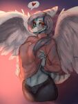  &lt;3 3:4 5_fingers amber_(gem) amber_(material) amber_eyes anthro blue_body blue_scales bone_frill bottomwear breasts clothed clothing colored eyeshadow fang_(gvh) feathered_wings feathers female fingers frill_(anatomy) glint goodbye_volcano_high grey_body grey_feathers hair hi_res iake jewelry long_hair looking_at_viewer makeup markings midriff necklace pants pendant pink_clothing pink_sweater pink_topwear pterodactylus pterosaur raised_clothing raised_sweater raised_topwear reptile scales scalie shaded short_tail silver_hair simple_background smile snoot_game snout solo speech_bubble spread_wings striped_markings striped_tail stripes sweater sweater_lift tail tail_markings tendocake topwear wings 