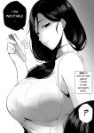  1girl ? bare_shoulders breasts hair_over_shoulder highres implied_pregnancy large_breasts long_hair meow7tail original pregnancy_test smile speech_bubble spoken_question_mark standing sweater yandere 