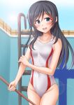  1girl alternate_costume anti_(untea9) asashio_(kancolle) black_hair blue_eyes breasts broom competition_swimsuit cowboy_shot day highres holding holding_broom kantai_collection long_hair looking_at_viewer one-piece_swimsuit open_mouth outdoors pool pool_ladder red_one-piece_swimsuit small_breasts solo sun swimsuit white_one-piece_swimsuit 