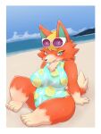  &lt;3 absurd_res animal_crossing anthro audie_(animal_crossing) beach biped blonde_hair blue_eyes blush border canid canine canis clothing detailed_background dipstick_tail eyewear eyewear_on_head female fur glasses glasses_on_head hair hi_res looking_at_viewer mammal markings nintendo nipple_outline orange_body orange_fur seaside shiryujack08 sitting sitting_on_ground solo tail tail_markings white_border wolf 