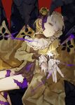  1girl absurdres arm_across_chest blonde_hair blunt_bangs briar_rose_(sinoalice) claws dress flower foreshortening frilled_dress frilled_sleeves frills giant_hand hair_flower hair_ornament hair_ribbon half-closed_eye highres lying on_back one_eye_closed parted_lips purple_ribbon reaching reaching_towards_viewer ribbon rose s_t_e_r_n short_hair sinoalice solo_focus thorns yellow_eyes yellow_flower yellow_rose 