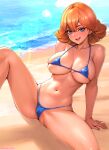  1girl arm_support bare_arms bare_legs bare_shoulders beach bikini blue_bikini blue_eyes breasts brown_hair collarbone commentary_request day gundam gundam_suisei_no_majo hair_between_eyes highres knee_up large_breasts light_blush looking_at_viewer navel ocean open_mouth outdoors oyaman shore sitting smile solo sophie_pulone spread_legs stomach sunlight swimsuit twitter_username 