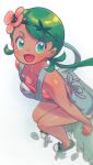  1girl absurdres bare_shoulders breasts cleavage dark-skinned_female dark_skin flower from_above green_eyes green_footwear green_hair hair_flower hair_ornament highres long_hair looking_at_viewer mallow_(pokemon) open_mouth overall_shorts overalls pink_flower pink_shirt pokemon shirt shoes shorts sitting sleeveless small_breasts solo twintails yamamori_kuukai 