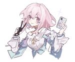  1girl :p archery_shooting_glove black_gloves blue_eyes blush cellphone gloves highres honkai:_star_rail honkai_(series) march_7th_(honkai:_star_rail) medium_hair multicolored_eyes off_shoulder phone pink_eyes pink_hair single_glove smartphone solo tongue tongue_out v yuehan_dao 