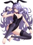  1girl absurdres alternate_breast_size alternate_costume animal_ears breasts camilla_(fire_emblem) cleavage fake_animal_ears fire_emblem fire_emblem_fates hair_over_one_eye highleg highleg_leotard highres leotard long_hair medium_breasts playboy_bunny purple_eyes purple_hair rabbit_ears simple_background smile solo strapless strapless_leotard very_long_hair wavy_hair x_xith_x 