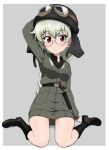  1girl anchovy_(girls_und_panzer) anzio_military_uniform arm_up bespectacled black-framed_eyewear black_footwear boots breast_pocket breasts brown_eyes full_body girls_und_panzer glasses goggles goggles_on_headwear green_hair helmet kayabakoro knee_boots long_hair looking_at_viewer medium_breasts pocket round_eyewear sitting solo wariza 