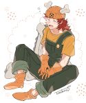  1boy artist_name bone boots chain closed_eyes copyright_request full_body gloves male_focus nose_bubble open_mouth orange_footwear orange_gloves orange_headwear overalls red_hair shirt short_sleeves sitting sleeping tozakuro_s white_background yellow_shirt 