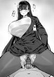  1boy 1girl absurdres bar_censor blue_archive blush breasts censored covered_nipples female_pubic_hair hetero highres hotate-chan jacket large_breasts long_hair long_sleeves looking_at_viewer male_pubic_hair monochrome navel pantyhose parted_lips penis pov pubic_hair rio_(blue_archive) sex skirt solo_focus torn_clothes torn_pantyhose vaginal 