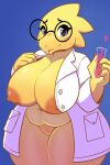  2023 absurd_res alphys anthro belly big_breasts blen_bodega blush bottomless bottomless_female breasts buckteeth clothed clothing coat dinosaur eyewear female genitals glasses hi_res lab_coat laboratory_equipment laboratory_glassware looking_at_viewer nipples open_clothing open_coat open_topwear overweight overweight_female pince-nez portrait pussy reptile scalie scientific_instrument smile solo teeth test_tube three-quarter_portrait topwear undertale_(series) yellow_body 