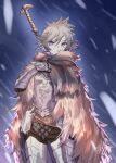  1girl absurdres armor blurry blurry_background breasts cape character_request cleavage closed_mouth commentary_request cowboy_shot ekrea_jan elden_ring fur_cape genderswap genderswap_(mtf) highres looking_at_viewer personification pointy_ears solo white_hair 
