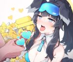  animal_ears black_hair blue_archive blue_eyes blush breasts censored character_name cleavage clothes_writing collarbone commentary_request dog_ears eyewear_on_head heart heart_censor hetero hibiki_(blue_archive) hibiki_(cheer_squad)_(blue_archive) kafuu_kaya long_hair medium_breasts official_alternate_costume open_mouth penis solo_focus star_sticker sticker_on_face sunglasses teeth tongue tongue_out upper_teeth_only 